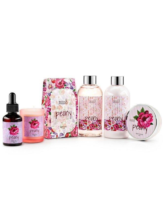 Freida and Joe Peony Floral Spa Basket - 7-Piece Bath and Body Gift Set for Women with Shower Gel, Body Lotion, Body Scrub, Body Oil, Bath Salt, and Scented Candle - Perfect Spa Gift Valentines Gift for Women - Image 2