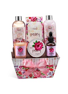 Freida and Joe Peony Floral Spa Basket - 7-Piece Bath and Body Gift Set for Women with Shower Gel, Body Lotion, Body Scrub, Body Oil, Bath Salt, and Scented Candle - Perfect Spa Gift Valentines Gift for Women  - Image 1
