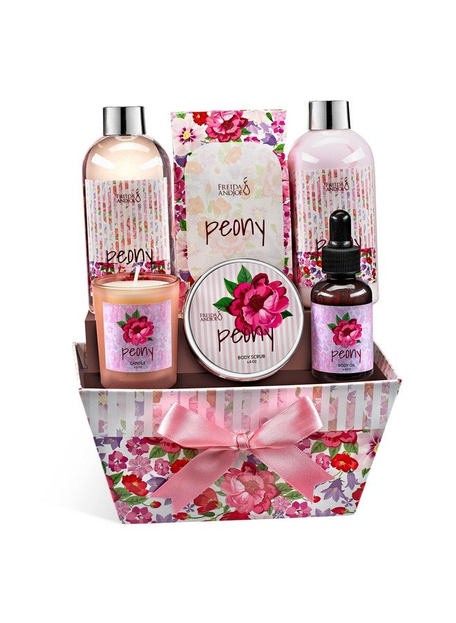 Freida and Joe Peony Floral Spa Basket - 7-Piece Bath and Body Gift Set for Women with Shower Gel, Body Lotion, Body Scrub, Body Oil, Bath Salt, and Scented Candle - Perfect Spa Gift Valentines Gift for Women - Image 1