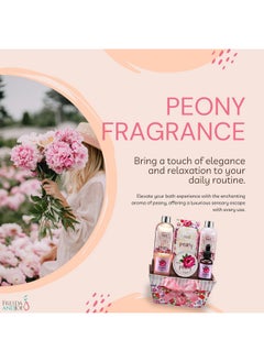 Freida and Joe Peony Floral Spa Basket - 7-Piece Bath and Body Gift Set for Women with Shower Gel, Body Lotion, Body Scrub, Body Oil, Bath Salt, and Scented Candle - Perfect Spa Gift Valentines Gift for Women  - Image 4