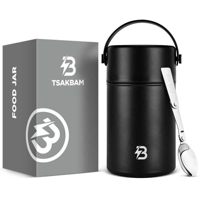 TSAKBAM Thermo for Hot Food, Insulated Food Container Reusable Stainless Steel Double-Walled Vacuum Insulated with Foldable Spoon for Camping, Outdoor, Travel (Black, 35 Oz) - Image 1