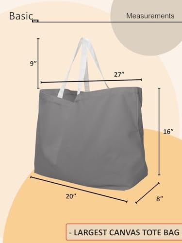 BasicList Extra Large Canvas Tote Bag - Big Largest Reusable Grocery,Gray - Image 2