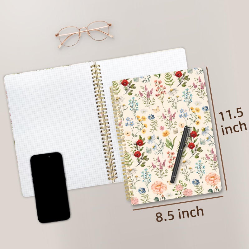 Stanoha Cute Spiral Notebook journal A4 Aesthetic Pretty Design for Women Girls Kawaii with Pocket, 8.5 x 11 inch, Graph, Plant Flower - Image 2