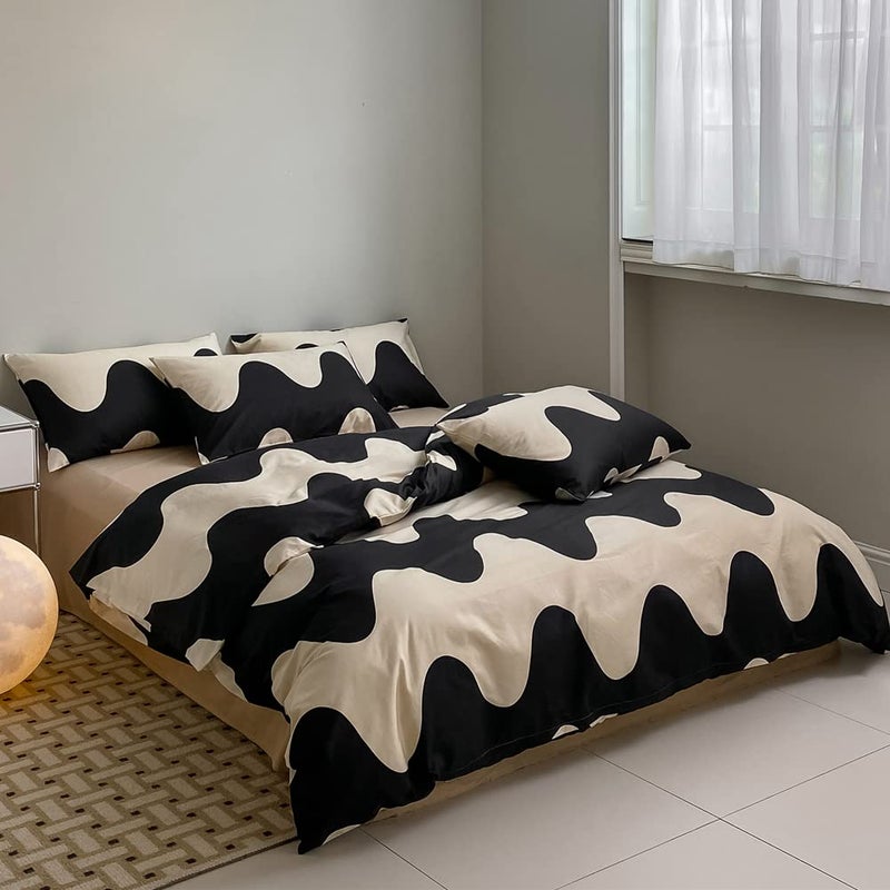 LAYENJOY Ripple Duvet Cover Set Queen, 100% Cotton Bedding, Cream White Black Geometric Pattern Printed, 1 Abstract Comforter Cover Full and 2 Pillowcases for Kids Teens Boys Girls - Image 3
