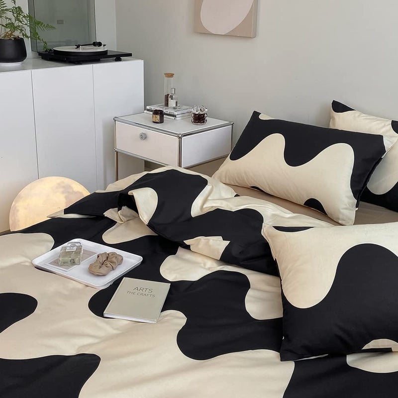 LAYENJOY Ripple Duvet Cover Set Queen, 100% Cotton Bedding, Cream White Black Geometric Pattern Printed, 1 Abstract Comforter Cover Full and 2 Pillowcases for Kids Teens Boys Girls - Image 2