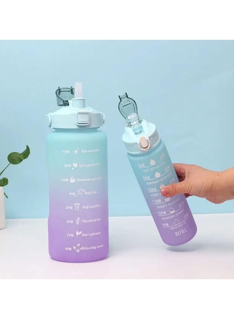 VIO Leakproof Free Water Bottles for Fitness Gym and Outdoor Sports Water Bottles with Time Marker Motivational Bottles with Straw Set of 2 2000ML 64OZ and 700ML 24Oz Gradient Cyan Purple  - Image 3