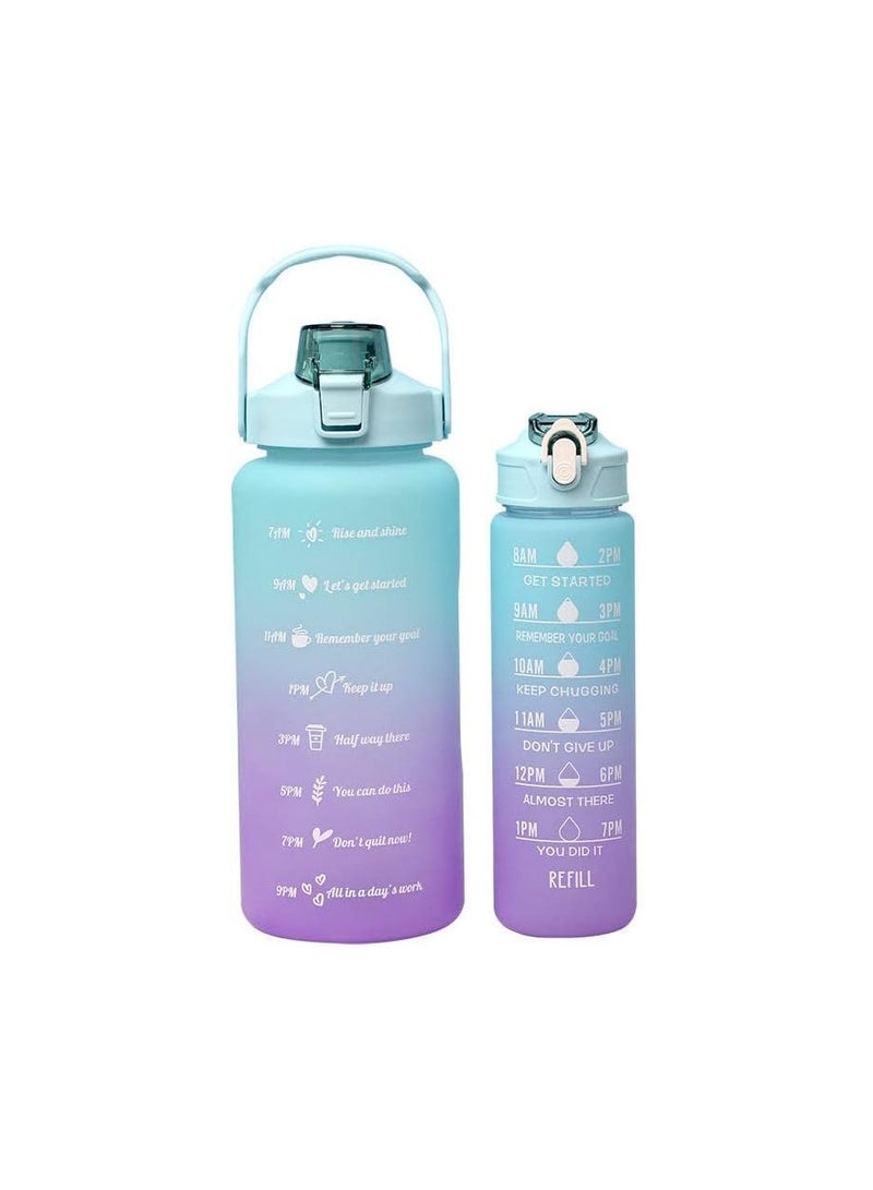 VIO Leakproof Free Water Bottles for Fitness Gym and Outdoor Sports Water Bottles with Time Marker Motivational Bottles with Straw Set of 2 2000ML 64OZ and 700ML 24Oz Gradient Cyan Purple  - Image 2