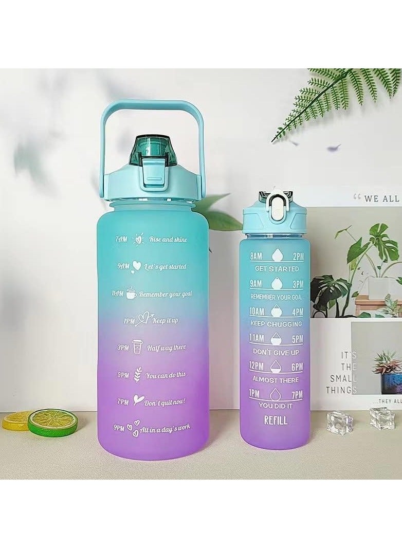 VIO Leakproof Free Water Bottles for Fitness Gym and Outdoor Sports Water Bottles with Time Marker Motivational Bottles with Straw Set of 2 2000ML 64OZ and 700ML 24Oz Gradient Cyan Purple  - Image 1