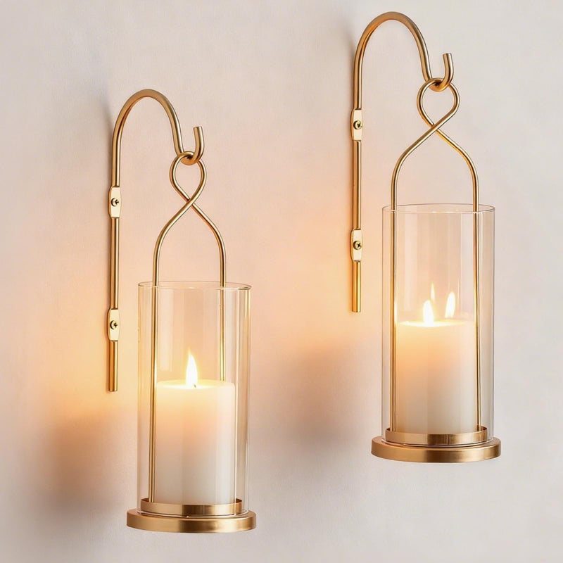 Walasis Gold Candle Sconces Wall Decor: Set of 2 Wall Candle Holder for Pillar Candles - Modern Metal Hurricane Lantern Decoration for Indoor Porch Fireplace Bathroom Living Room - Image 1