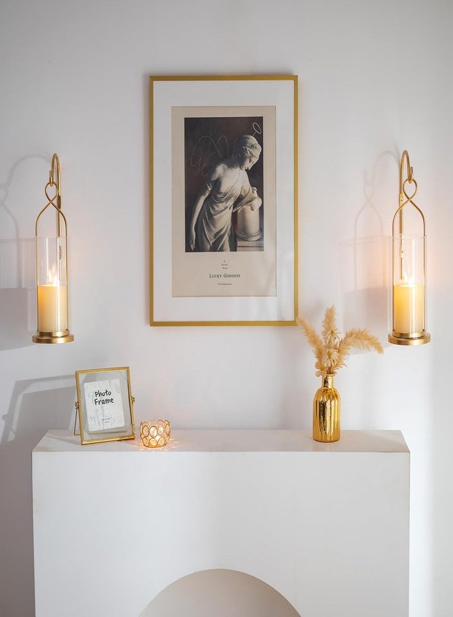 Walasis Gold Candle Sconces Wall Decor: Set of 2 Wall Candle Holder for Pillar Candles - Modern Metal Hurricane Lantern Decoration for Indoor Porch Fireplace Bathroom Living Room - Image 2