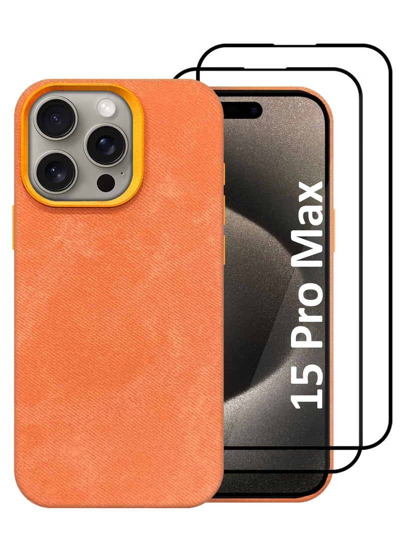CATANES 3Packs iPhone 15 Pro Max Alcantara Case Cover Premium Quality Luxurious Soft Touch Protection with Metal Camera Frame with Two 3D Screen Protectors - Orange  - Image 1