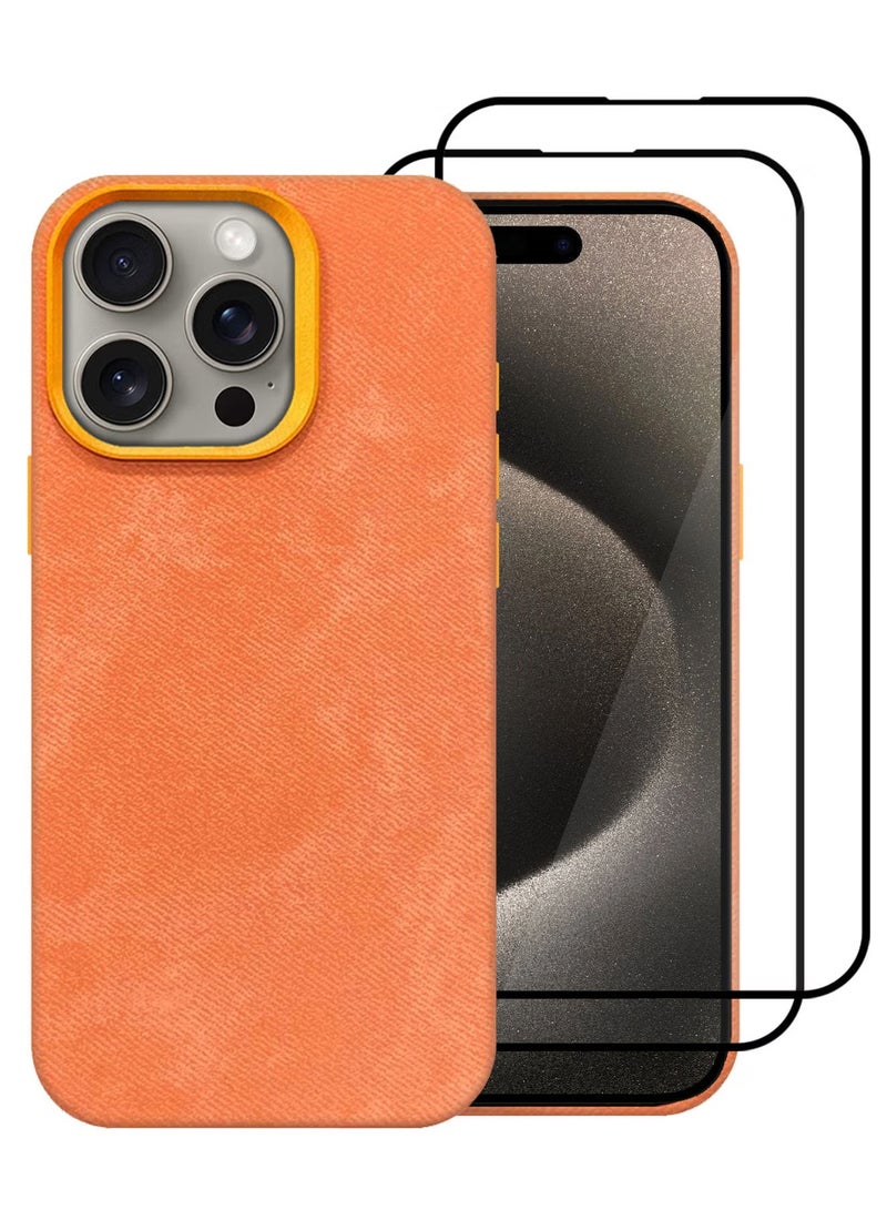 CATANES 3Packs iPhone 15 Pro Max Alcantara Case Cover Premium Quality Luxurious Soft Touch Protection with Metal Camera Frame with Two 3D Screen Protectors - Orange  - Image 2