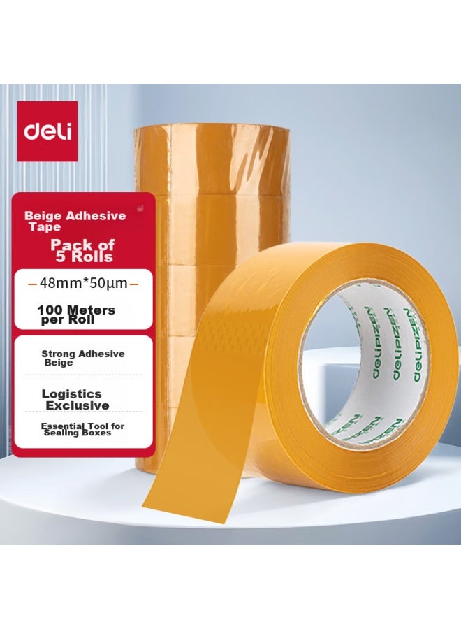 Deli Brand Yellow Packing Tape, 48mm*100m*50μm, 5 Rolls, 33976, Express Packaging, Large Roll For Sealing Boxes - Image 1