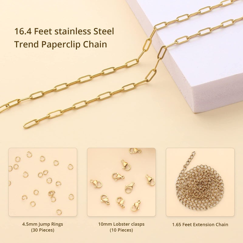 UMAOKANG 16.4 Feet Gold Stainless Steel Chains Bulk Cable Paperclip Necklace Chains Link Roll with Jump Rings Lobster Clasps Extender Chain for Jewelry Making - Image 2