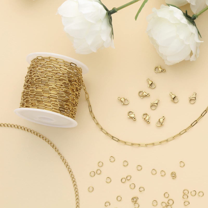 UMAOKANG 16.4 Feet Gold Stainless Steel Chains Bulk Cable Paperclip Necklace Chains Link Roll with Jump Rings Lobster Clasps Extender Chain for Jewelry Making - Image 3