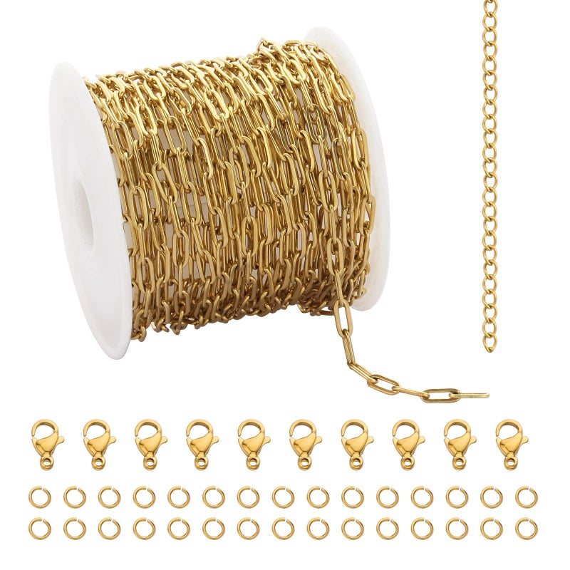 UMAOKANG 16.4 Feet Gold Stainless Steel Chains Bulk Cable Paperclip Necklace Chains Link Roll with Jump Rings Lobster Clasps Extender Chain for Jewelry Making - Image 1