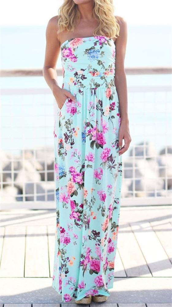 PRIMODA فستان ماكسي مزخرف بأزهار بدون أكتاف من PRIMODA للنساء مع جيوب (M L-أزرق 1#) - Image 2