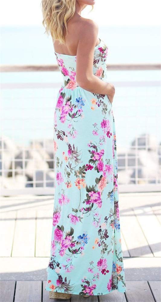 PRIMODA فستان ماكسي مزخرف بأزهار بدون أكتاف من PRIMODA للنساء مع جيوب (M L-أزرق 1#) - Image 3