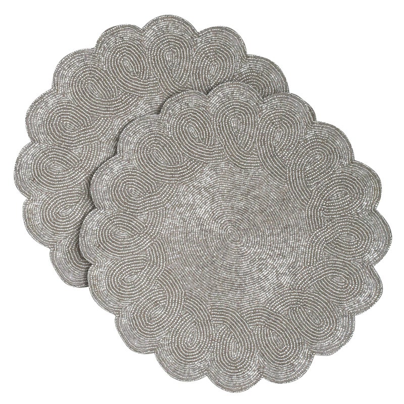 Light & Pro Lightnpro Beaded Placemats Set of 2-13 Inch Scalloped Round Silver Elegant Decorative Placemats for Dining Table, Weddings, Holidays, Parties & Special Occasions - Handmade by Skilled Artisans - Image 2