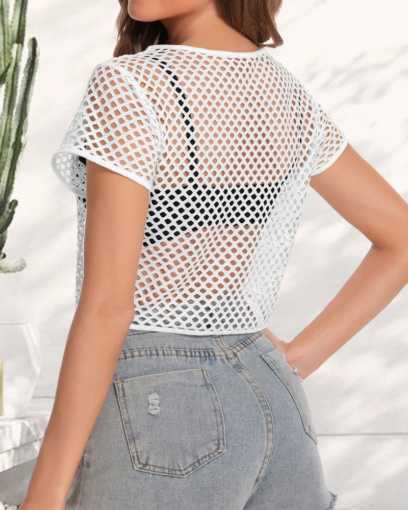 CHICGAL Womens Sheer Mesh Top Fishnet T Shirts Short Sleeve See Through Casual Crop Tops(White,M) - Image 5