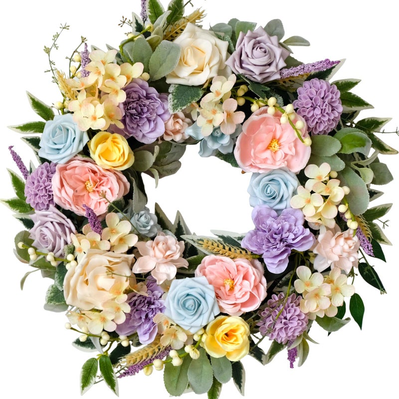 TEMPUS Spring Summer Wreath for Front Door 22 Inch Artificial Floral Wreath with Roses Peonies Hydrangeas Leaves for Door Wall Decoration Wedding Party Home Farmhouse Decoration - Image 1