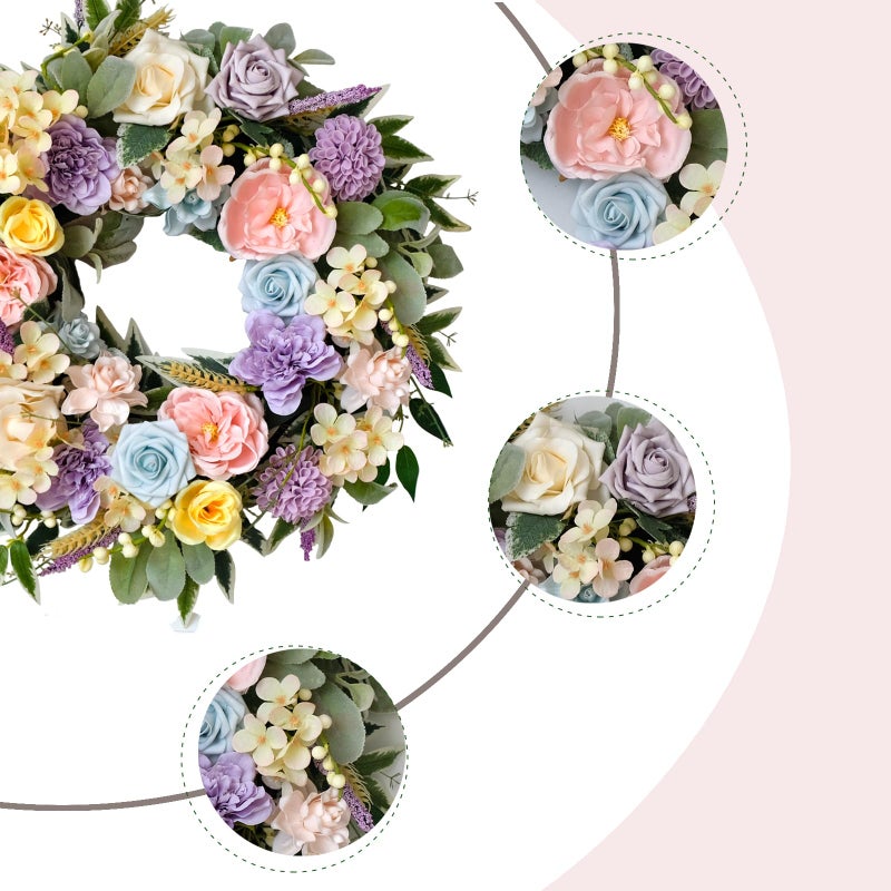 TEMPUS Spring Summer Wreath for Front Door 22 Inch Artificial Floral Wreath with Roses Peonies Hydrangeas Leaves for Door Wall Decoration Wedding Party Home Farmhouse Decoration - Image 2