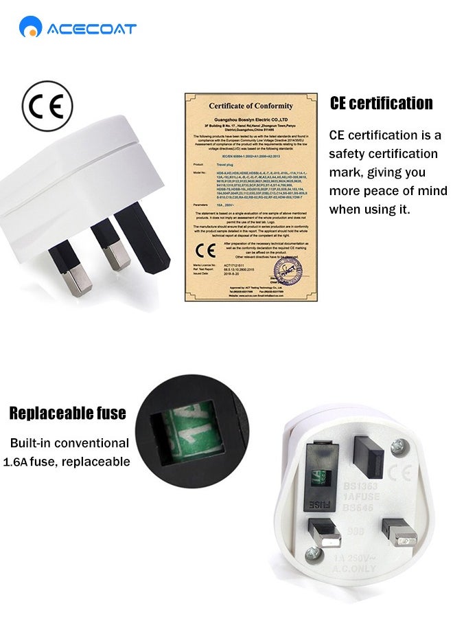 ACECOAT - UK Universal Travel Adapter Plug Converter,US/Europe/India/Italy/Switzerland to UK 2-Pin to 3-Pin Socket Adapter with 1.6A Fuse for Shaver Toothbrush,250W CE Wall Charger with Protection Door,White - Image 1
