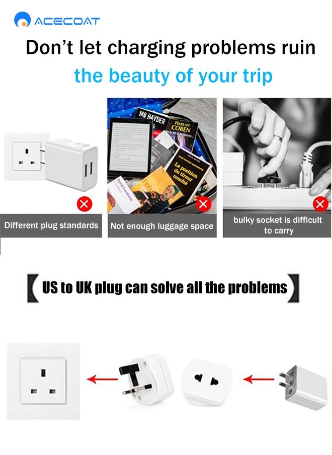 ACECOAT - UK Universal Travel Adapter Plug Converter,US/Europe/India/Italy/Switzerland to UK 2-Pin to 3-Pin Socket Adapter with 1.6A Fuse for Shaver Toothbrush,250W CE Wall Charger with Protection Door,White - Image 1