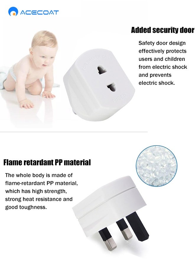 ACECOAT - UK Universal Travel Adapter Plug Converter,US/Europe/India/Italy/Switzerland to UK 2-Pin to 3-Pin Socket Adapter with 1.6A Fuse for Shaver Toothbrush,250W CE Wall Charger with Protection Door,White - Image 1