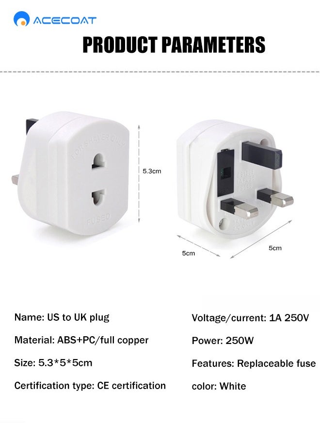 ACECOAT - UK Universal Travel Adapter Plug Converter,US/Europe/India/Italy/Switzerland to UK 2-Pin to 3-Pin Socket Adapter with 1.6A Fuse for Shaver Toothbrush,250W CE Wall Charger with Protection Door,White - Image 1