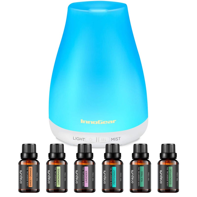 موزع زيت عطري InnoGear مع زيوت 100 مل موزع Aromatherapy مع مجموعة 6 زيوت عطرية جهاز ترطيب ضباب بارد مجموعة هدايا بيضاء