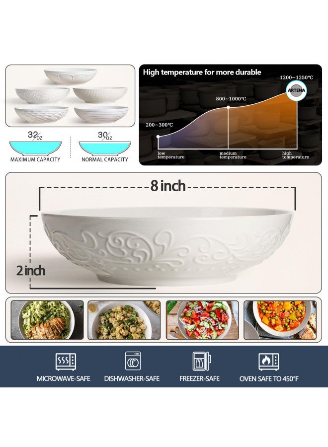 Artena Pasta Bowls 32oz, Ceramic Large Salad Bowls 8 inch, Embossed Soup Bowls Set of 4, White Serving Bowls for Entertaining, Wide Shallow Dinner Bowls for Spaghetti, Microwave Dishwasher Oven Safe - Image 1