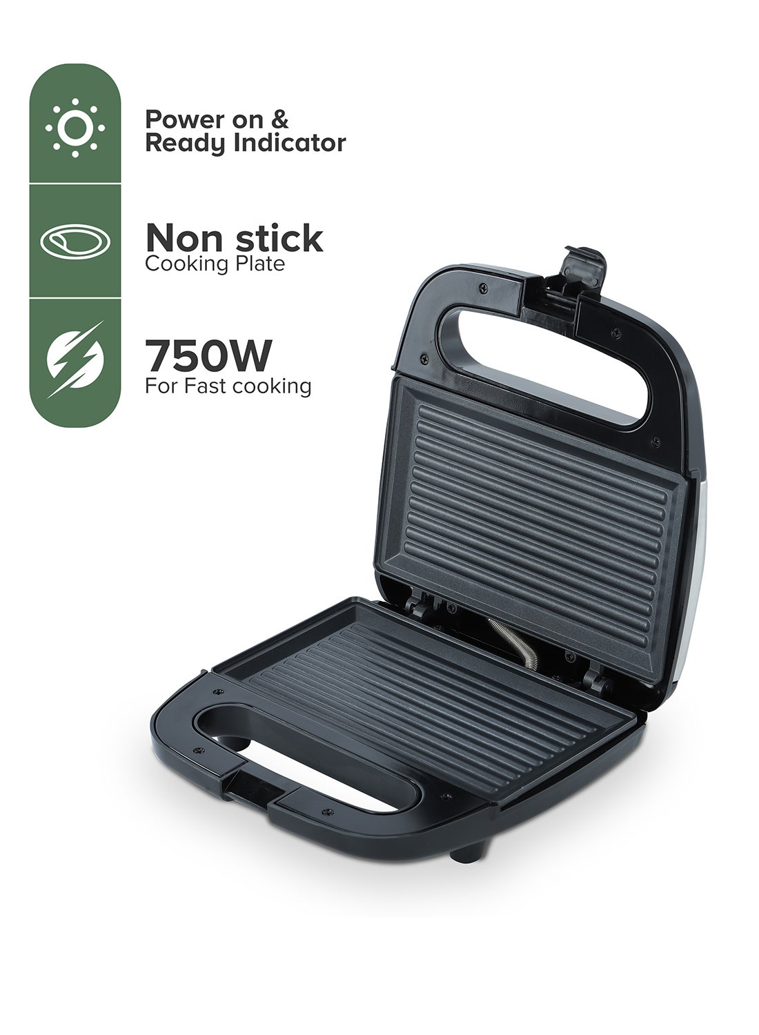 Portable Powerful 2 Slice Grill Maker with Non-Stick Coated Plates With Safety Locks, Stainless Steel, Cool Touch Handle & Skid- Resistant Feet, Power On & Ready Light Indicators 750 W GGM6001 Black/Grey