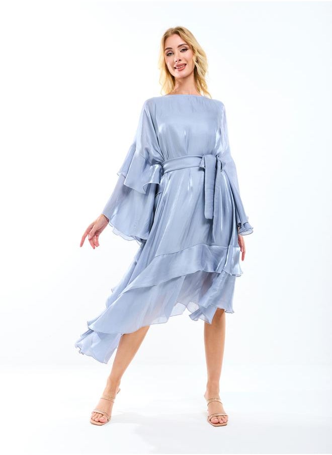 House of Moda - Asymmetrical Layered A-Line Midi Dress with Tie-Belt by Styli - Image 1