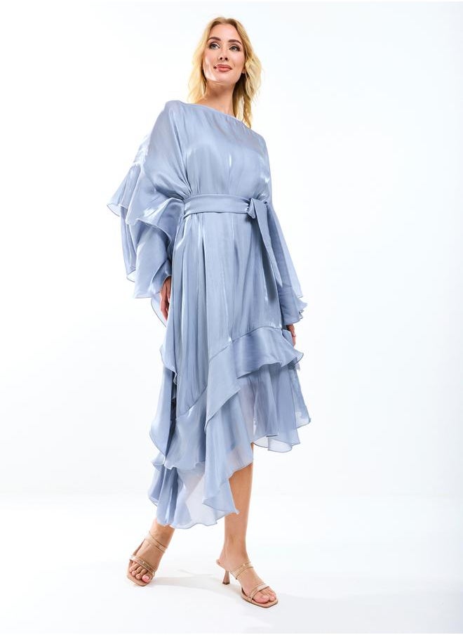 House of Moda - Asymmetrical Layered A-Line Midi Dress with Tie-Belt by Styli - Image 1
