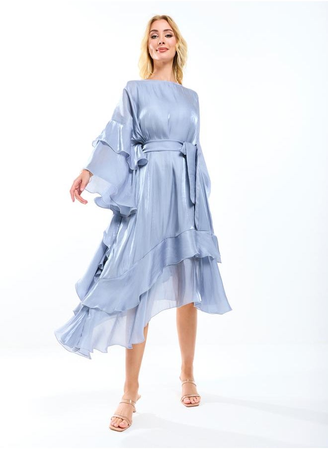 House of Moda - Asymmetrical Layered A-Line Midi Dress with Tie-Belt by Styli - Image 1