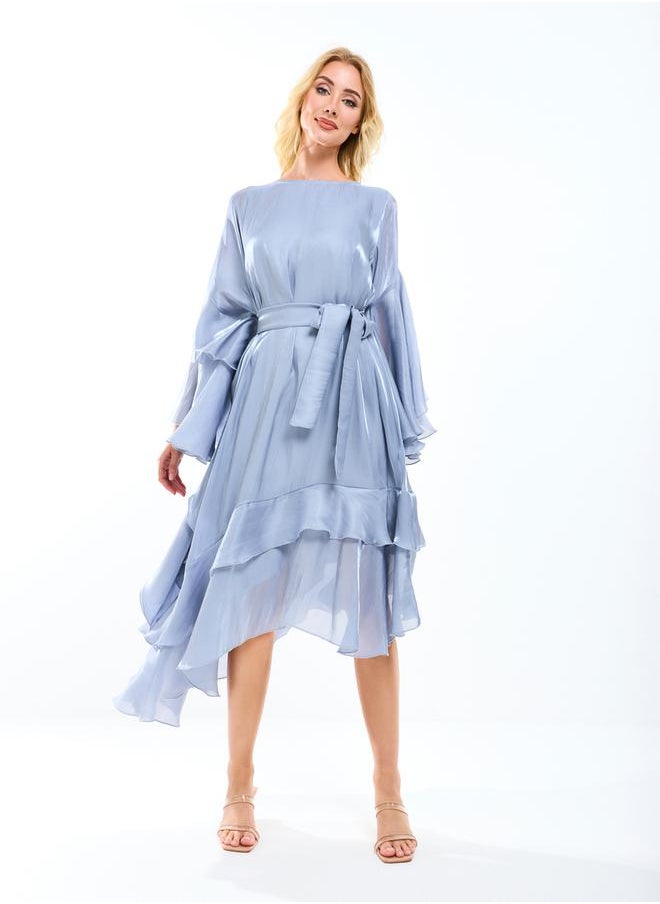 House of Moda - Asymmetrical Layered A-Line Midi Dress with Tie-Belt by Styli - Image 1