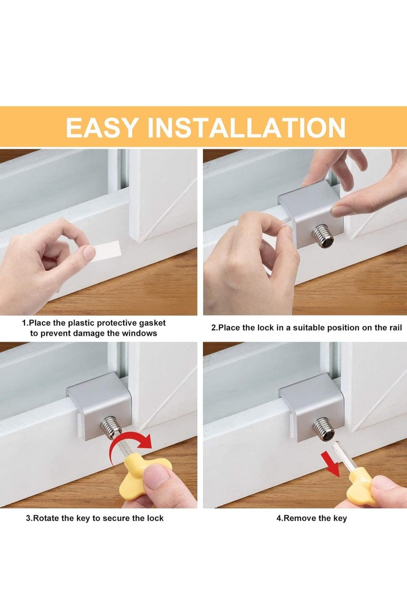 Rubik 4 Sets Sliding Window Locks, Adjustable Sliding Window Door Safety Locks with Key, Aluminum Window Locks Security Stoppers Adjustable Security Locks Child Safety Lock for Vertical Horizontal Slide Door Windows Silver  - Image 4