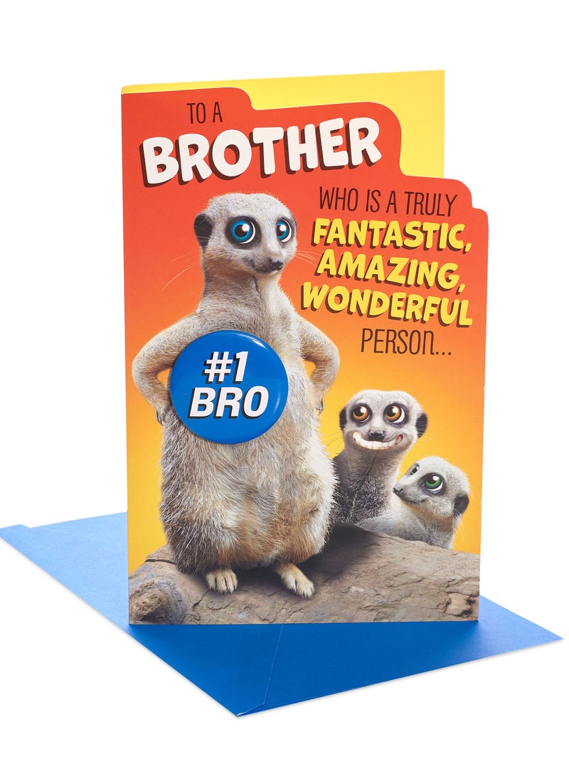 UK Greetings Happy Birthday Brother Meerkat Wearing Badge Card – Cute Animal Birthday Greeting Card with Envelope | UK Greetings - Image 1