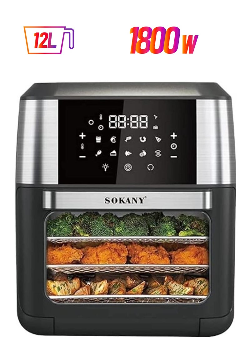 سوكاني فرن مقلاة هوائية سعة 12 لترًا بسعة كبيرة مع 4 ملحقات، مقلاة هوائية رقمية متعددة الوظائف مع مشواة ومجفف وفرن حراري - طهي خالي من الزيت، 10 وظائف محددة مسبقًا، 1800 وات سهلة التنظيف - Image 1