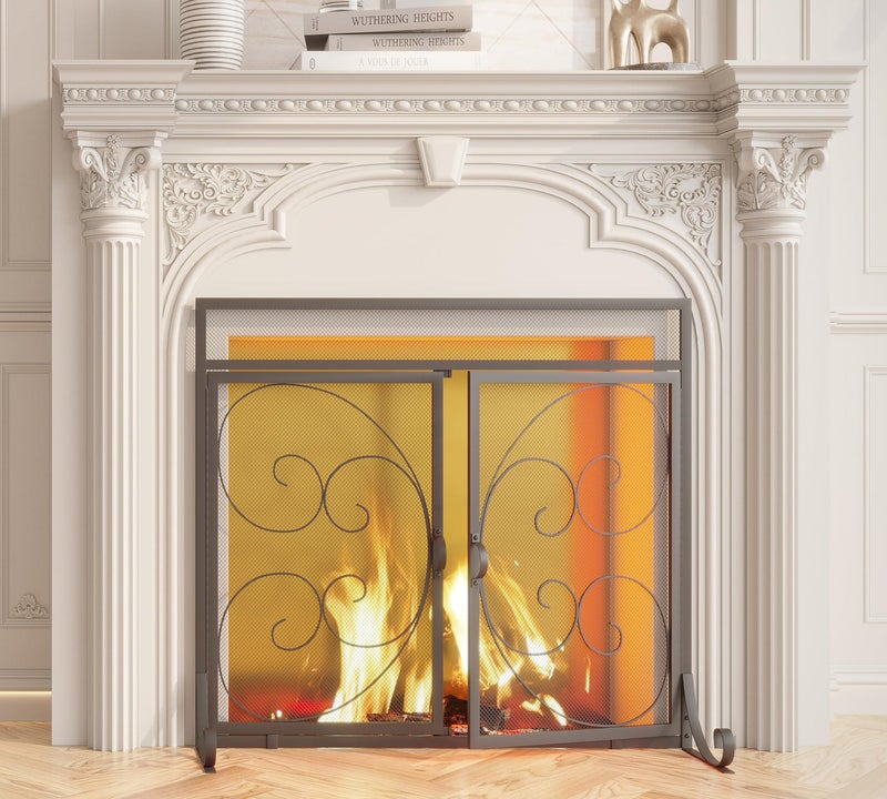 Kingson Fireplace Screen with Hinged Doors Magnetic 2 Panels Sturdy Steel Frame Durable Metal Mesh Decorative Free Standing Fireplace Spark Guard Black
