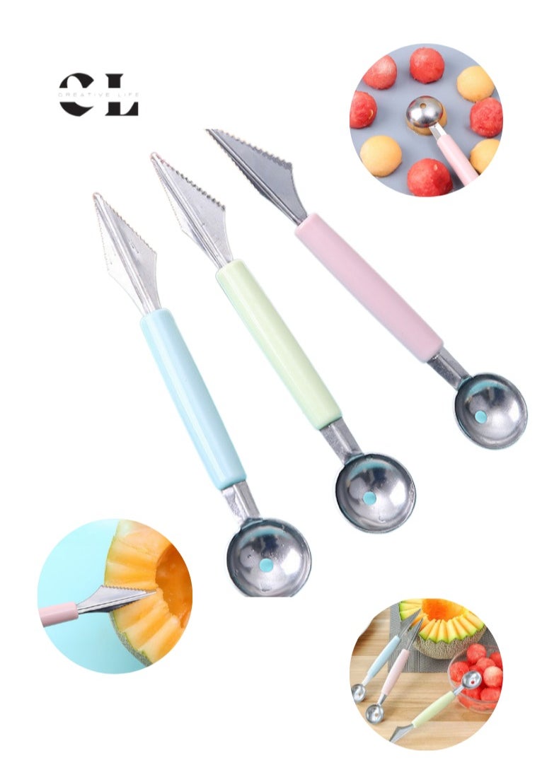 CREATIVE LIFE - Set of 3 Melon Scoop Fruit Spoon Ice Cream Sorbet Stainless Steel Fruit Tool Kitchen Accessories Gadgets 3 Colors Melon Baller - Image 1