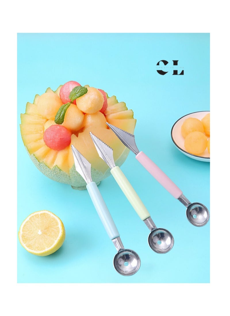 CREATIVE LIFE - Set of 3 Melon Scoop Fruit Spoon Ice Cream Sorbet Stainless Steel Fruit Tool Kitchen Accessories Gadgets 3 Colors Melon Baller - Image 1