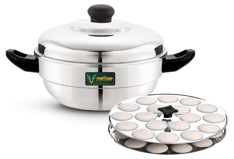 FORTUNA KITCHENWARE Mini Idli Maker Steel | Mini Idli Steamer Stainless Steel | Small Idli Maker Multipurpose Steel Kadai with 36 Idli Kulis (2 Plates) - Image 1