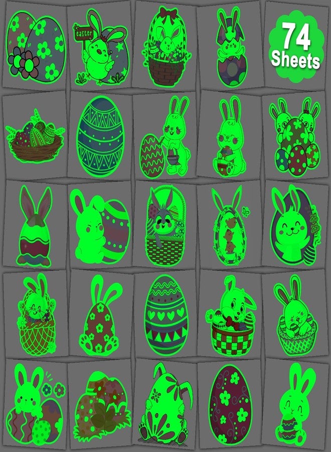 CHARLENT Glow in The Dark Easter Temporary Tattoos for Kids Easter Basket Stuffers - 74 Individually Sheets Luminous Easter Egg Bunny Tattoos for Boys Girls Party Favors Goodie Bag Fillers - Image 1