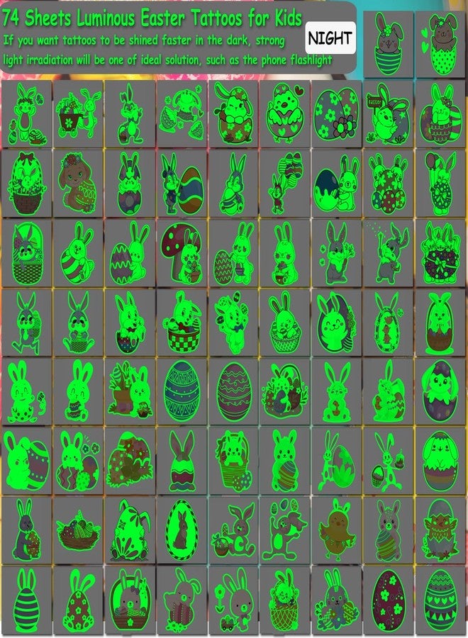 CHARLENT Glow in The Dark Easter Temporary Tattoos for Kids Easter Basket Stuffers - 74 Individually Sheets Luminous Easter Egg Bunny Tattoos for Boys Girls Party Favors Goodie Bag Fillers - Image 2