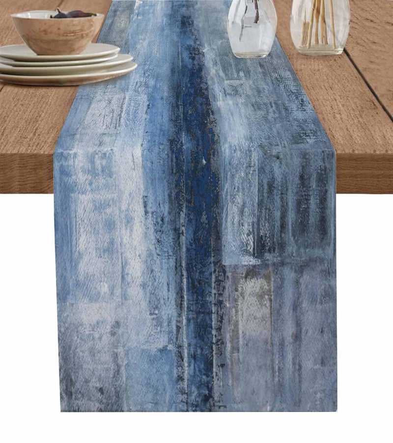 Burlap Linen Table Runner 108 Inch Long Retro Rustic Art Abstract Modern Decor Kitchen Dining Table Runner Dresser Scarves Blue Ombre Painting Farmhouse Decor for Coffee Table Party Banquet