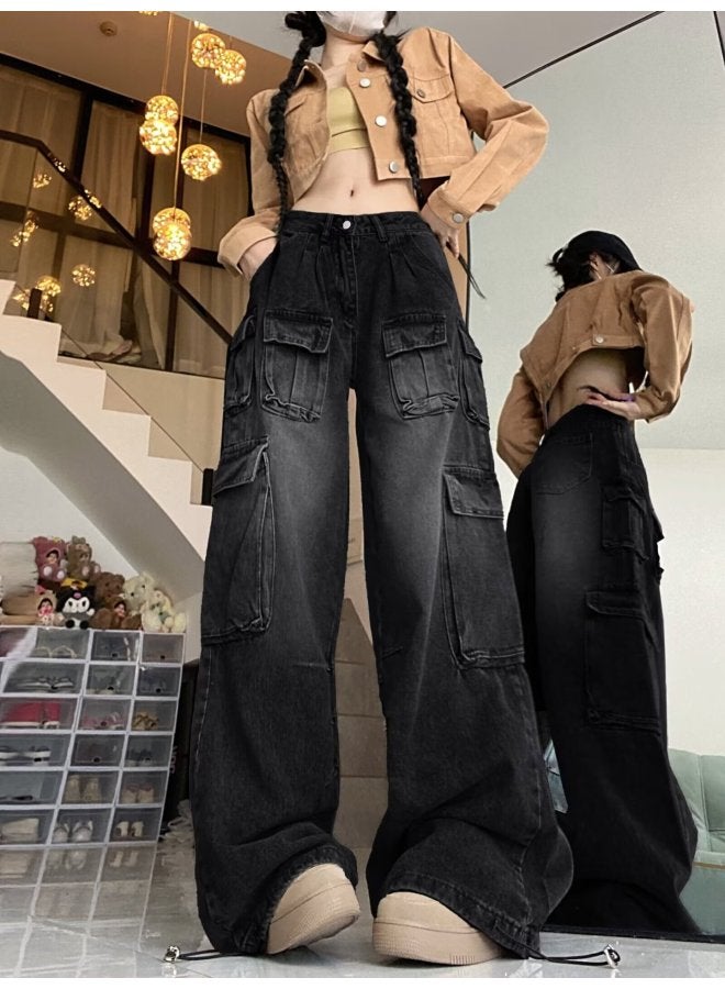 Multi-Pocket Design Sense American Style High Street Jeans Washed Loose Women's Straight Retro Wide-Leg Pants 