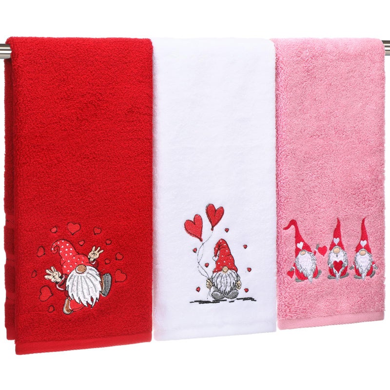 Mindsoft 3 Pack Valentine's Day Bath Towels Gnome Heart Embroidered Cotton Soft Absorbent Bathroom Hand Towels Red Heart Love Decorative Valentine Bathroom Decor for Housewarming Gift, 13.7 "x 29.5" - Image 1