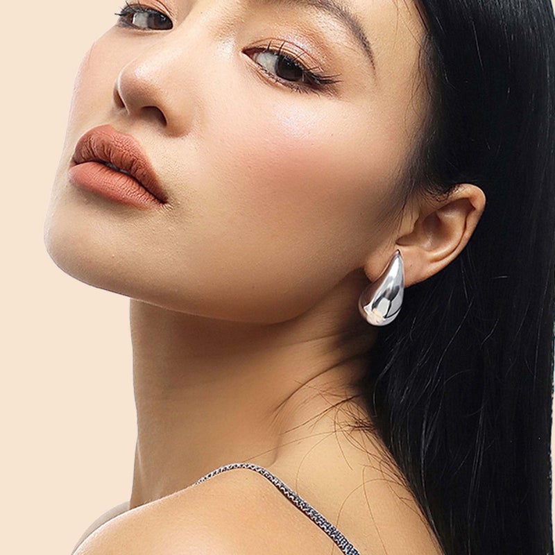 PANSHI Sterling Silver Earring Chunky Silver Hoop Earrings for Women Teen Trendy Hypoallergenic Stud Post Drop Earrings Jewelry (White Gold Chunky) - Image 2